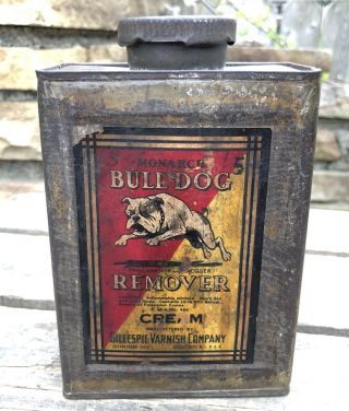 Vtg Monarch Bull Dog Paint Varnish Remover 1/4 Gallon Oil Can Tin Gillespie Rare