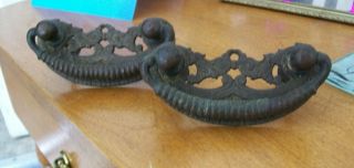 Antique 2 Brass Drop Handle Drawer Pulls Very Old Set