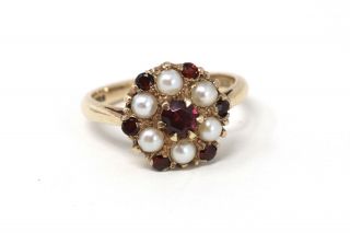 A Heavy Victorian Style Vintage 9ct Yellow Gold Garnet & Pearl Cluster Ring