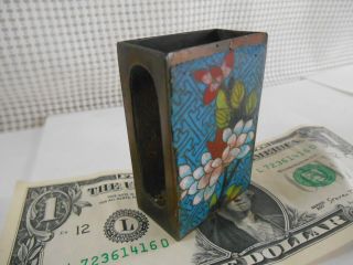Vintage Chinese Cloisonne Match Box Holder Turquoise Blue W Red Flowers China