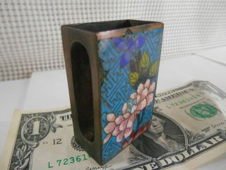 Vintage CHINESE CLOISONNE MATCH BOX HOLDER Turquoise Blue w Red Flowers China 2