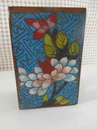Vintage CHINESE CLOISONNE MATCH BOX HOLDER Turquoise Blue w Red Flowers China 3