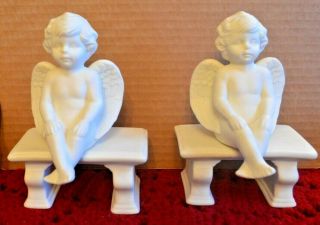2 Piece 6 " Ceramic Cherub Angel Sitting On Bench For Home Garden Or Patio