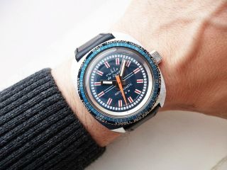 Rare Blue German Ruhla Diver World Time Vintage Wristwatch 1970 