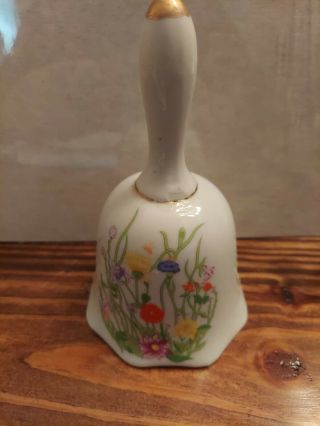 Vintage White Ceramic Bell With Ceramic Handle Flower Garden