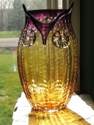 Pier 1 Large 13 " Amber Handblown Glass Owl Vase Purple Trim Applied Eyes