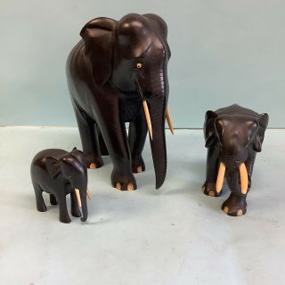 Hand Carved Herd Of Three Elephants