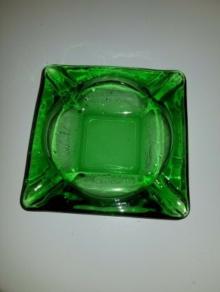 Vintage Heavy Square Green Glass Cigarette Ashtray 5.  75 " Wide