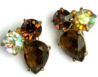 Vintage Schiaparelli Earrings Topaz/aurora Borealis Rhinestones Goldtone Signed