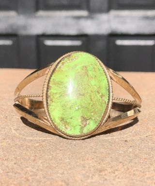 Vintage Navajo Gilt Gold Sterling Silver Lime Green Gaspeite Cuff Bracelet
