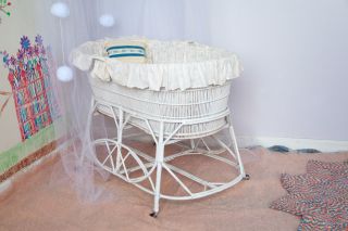 Vintage Lined White Wicker Bassinet With Wheels,  Mattress And Organic Sheet