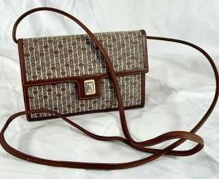 Judith Leiber Vintage Authentic Brown Leather Trim And Canvas Crossbody Shoulder