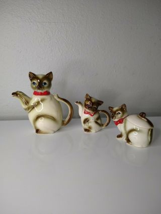 Mid Century Kasuga Ware Siamese Cat And Kittens Teapot Set Kitschy Vintage Retro