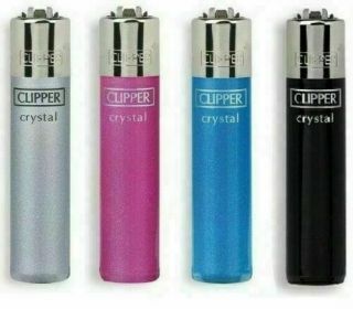 4 X Clipper Lighters Crystal Pink Blue Silver Gas Lighter Refillable Set