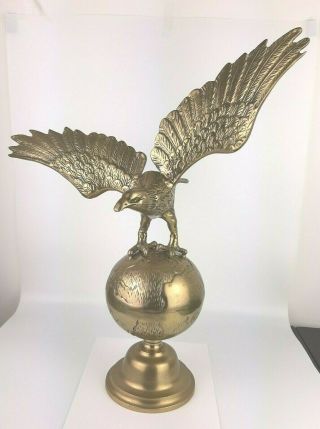 Vtg Brass American Eagle Statue On World 22 " X 18.  5 " Large Figure Military Euc