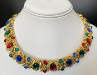 Vintage Moghul Cabochon Red Blue Green Rhinestone Goldtone Choker Necklace