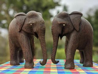 Two Victorian Carved Wooden Elephants 10 " High