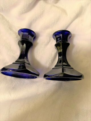 Two Vintage Cobalt Blue Glass Candle Holders (4 " X3 ")
