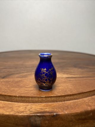 Vintage Cobalt Blue Mini Vase With Gold Flower Decoration - 1” Tall