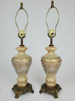 Vintage Pair French Regency 3 Way Table Lamps Accurate Casting Gold Lace 28 1/2 "