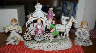 Vintage Horse Drawn Carriage.  Porcelain Figurine.  & 2 Bone China Figurines