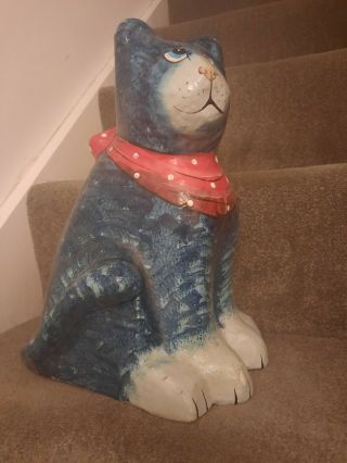 Very Large Blue Papier Mache Cat Red Bandana 34cm High Collectable One Of A Kind