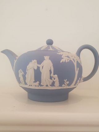 Vtg Wedgwood England Blue & White Jasperware Large Teapot 5 In Tall England