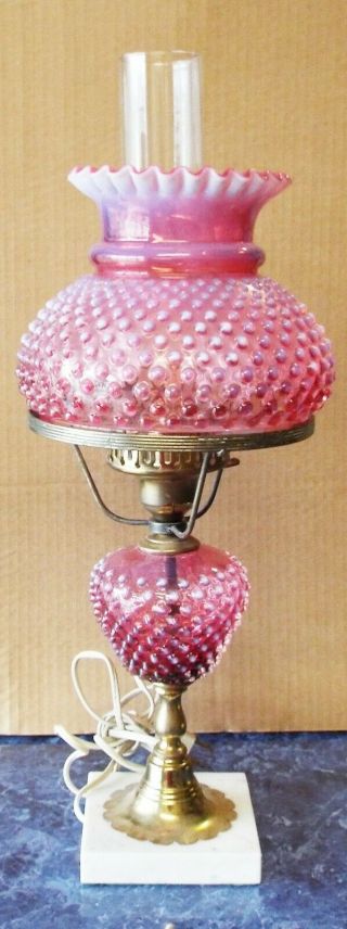 Vintage Fenton Cranberry White Opalescent Hobnail Electric Art Glass Lamp -