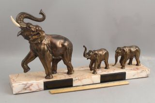 Lg Antique Art Deco Marble & Bronzed Elephant Mother & Babies Sculpture Statue