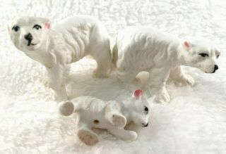 3 Ceramic White Polar Bear Figurines.  Family.  Ears Have Pink.  2 " - 1.  25 " Long.