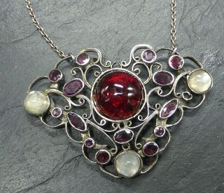 Vintage Handmade Arts And Crafts Silver Garnet Moonstone Pendant Necklace
