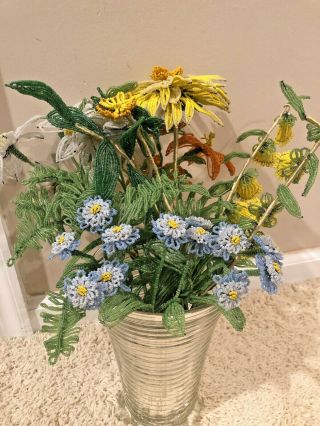 Vintage French Glass Beaded Flowers Chrysanthemums,  Daffodils,  Forget - Me - Nots