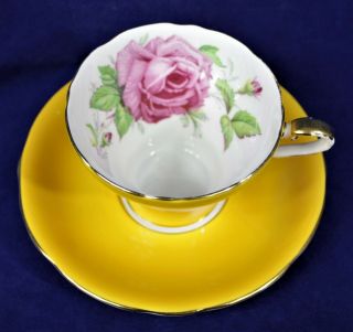 Vintage Aynsley Pink Cabbage Rose Bright Yellow Corset Bone China Tea Cup Saucer