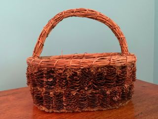 Vintage Pine Cone & Pine Needle Basket W/ Handle Farmhouse Decor