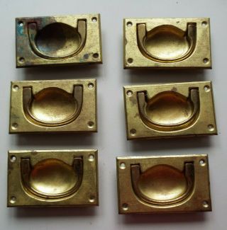 Set Of 6 Vintage Drawer Pulls With Brass Handles Set Into Gold Tone Back Plates