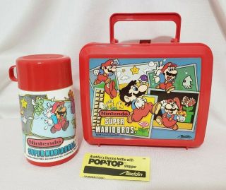 Vintage 1988 Nintendo Mario Bros Red Plastic Lunch Box Thermos Aladdin Nos