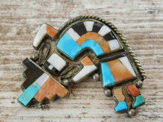 Vintage Pawn Zuni Rainbow Man Kachina Turquoise Spiny Oyster Sterling Silver Pin