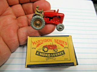 Vtg Moko Lesney Matchbox Gmw No 4 Red Massey Harris Tractor & B1 Box