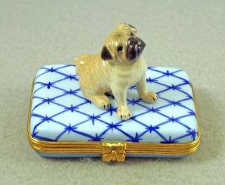 French Limoges Trinket Box Cute Pug Dog Puppy On Blue Geometric Rug
