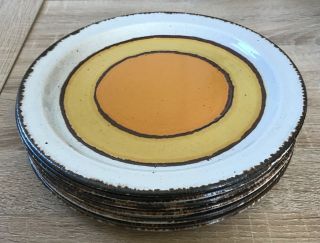 6x Vintage Stonehenge Midwinter Sun 10.  5 " Dinner Plates Yellow Orange