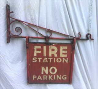 Vintage Wooden Fire Station Sign With Iron Bracket Kansas City