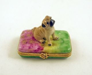French Limoges Trinket Box Cute Pug Dog Puppy On Multi - Colored Rug