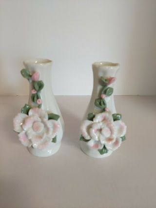 Set Of 2,  Small Bud Vase With Decorative Flowers