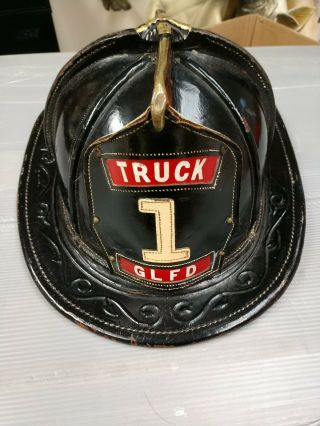 Antique Black Leather Cairns Fire Fireman Helmet Truck 1 Fire Department