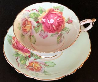 Vintage Light Green Paragon Double Warrant Tea Cup And Saucer With Peace Rose