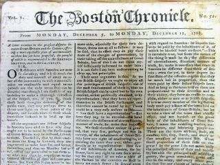 1768 Pre Revolutionary War Newspaper Boston Tensions Taxation No Representation