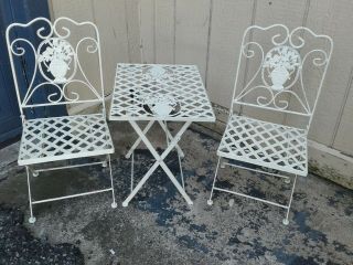 Vintage Childs Wrought Iron Folding Chairs Table Bistro Set Rare