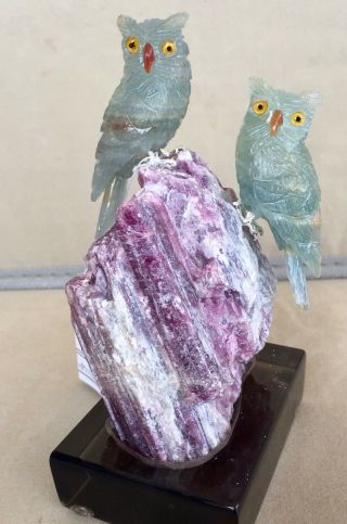 Blue Calcite Owl Pair On Tourmaline 5  - Peter Muller