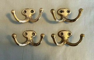 4 Vintage Polished Brass Plated Cast Iron Double Hat And Coat Hooks.  Old Patina