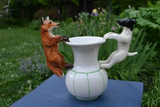 Smooth Fox Terrier And Red Fox.  Handsculpted Ceramic Vase.  Ooak.  Look